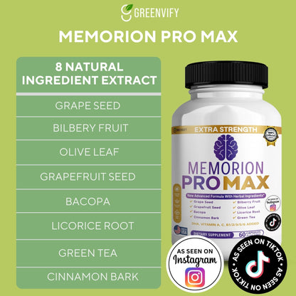 GREENVIFY Memorion Pro Max Extra Strength Brain Support Supplement, 60 Capsules, with DHA, Vitamins, Herbal Blend, 30-Day Supply (1) - dailyvitalstore