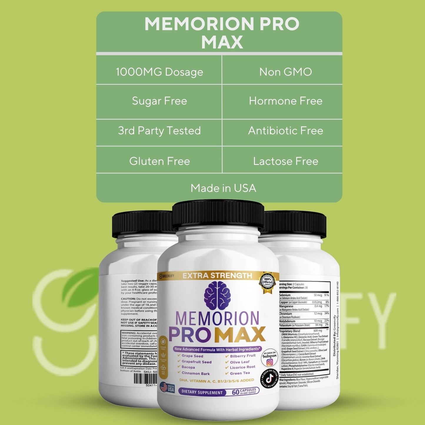 GREENVIFY Memorion Pro Max Extra Strength Brain Support Supplement, 60 Capsules, with DHA, Vitamins, Herbal Blend, 30-Day Supply (1) - dailyvitalstore