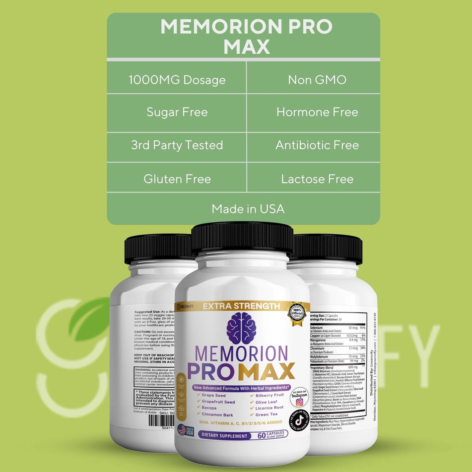 GREENVIFY Memorion Pro Max Extra Strength Brain Support Supplement, 60 Capsules, with DHA, Vitamins, Herbal Blend, 30-Day Supply (1) - dailyvitalstore