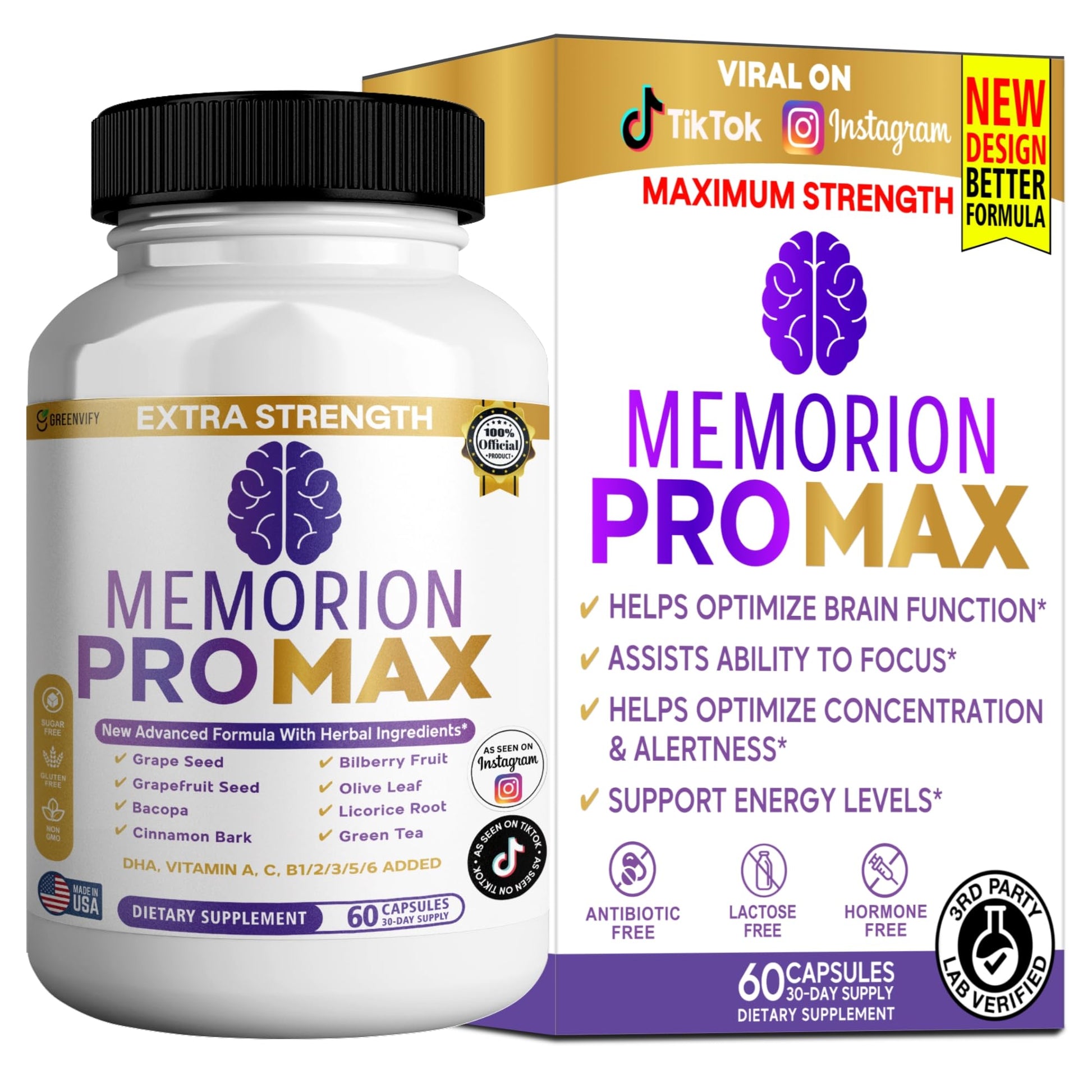 GREENVIFY Memorion Pro Max Extra Strength Brain Support Supplement, 60 Capsules, with DHA, Vitamins, Herbal Blend, 30-Day Supply (1) - dailyvitalstore