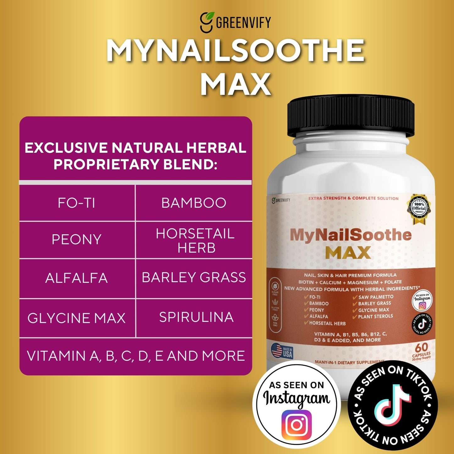 GREENVIFY MyNailSoothe MAX Hair, Skin & Nail Supplement, 60 Capsules, with Biotin 5000mcg, Vitamins, Minerals & Herbal Blend (1) - dailyvitalstore