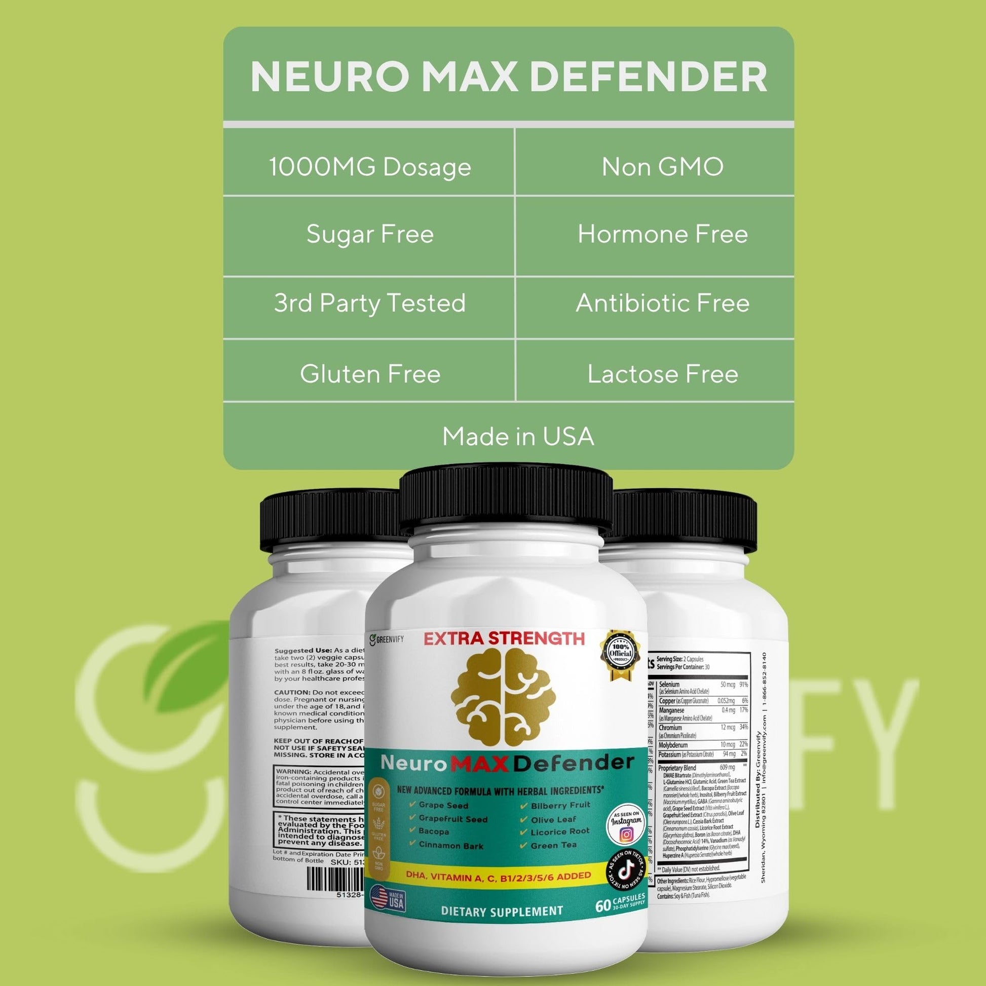 GREENVIFY NeuroMAX Defender Extra Strength Brain Support Supplement with Herbal Blend, 60 Capsules, DHA, B12, Vitamins A C D E, Selenium, 30-Day Supply (1) - dailyvitalstore
