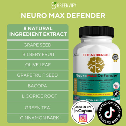 GREENVIFY NeuroMAX Defender Extra Strength Brain Support Supplement with Herbal Blend, 60 Capsules, DHA, B12, Vitamins A C D E, Selenium, 30-Day Supply (1) - dailyvitalstore