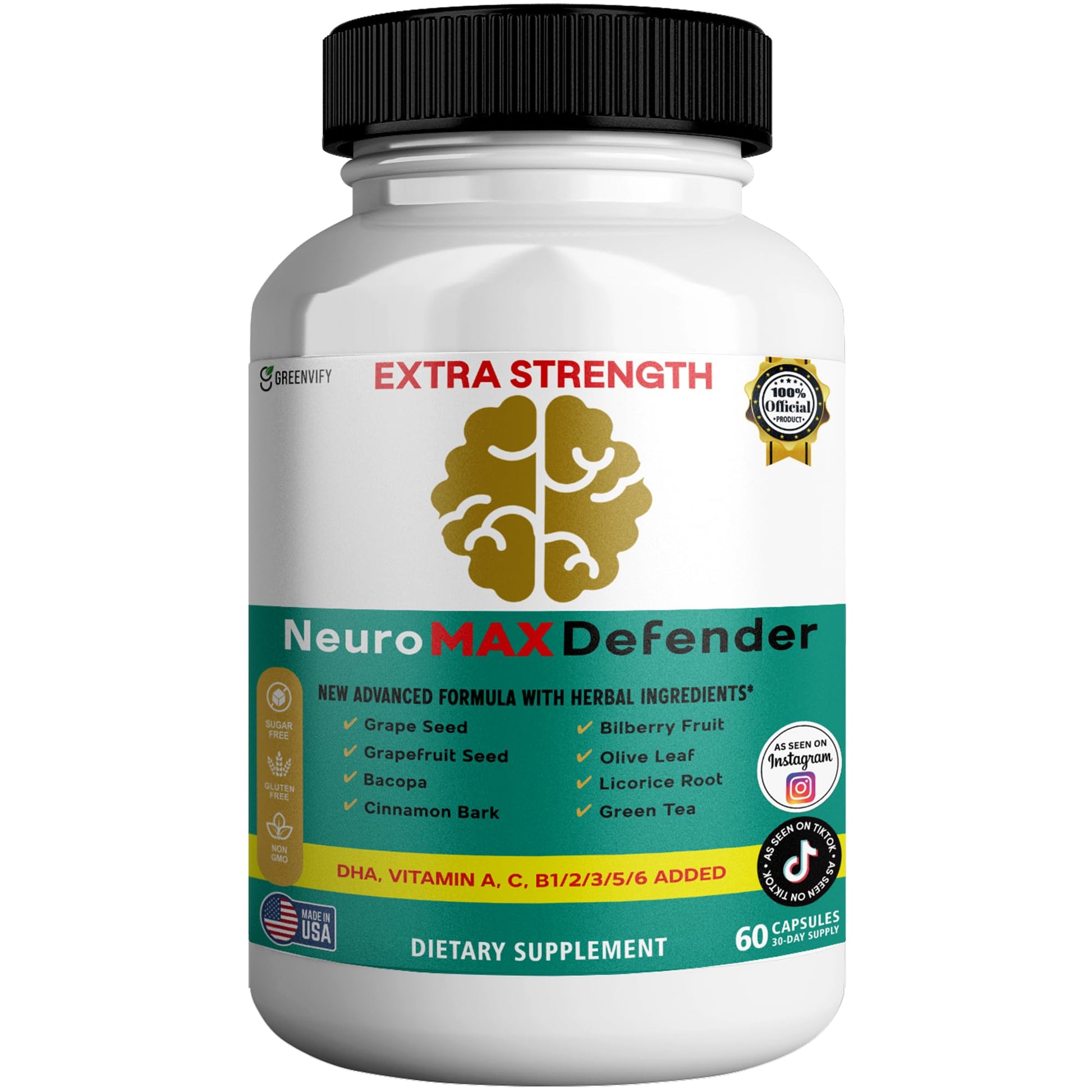 GREENVIFY NeuroMAX Defender Extra Strength Brain Support Supplement with Herbal Blend, 60 Capsules, DHA, B12, Vitamins A C D E, Selenium, 30-Day Supply (1) - dailyvitalstore