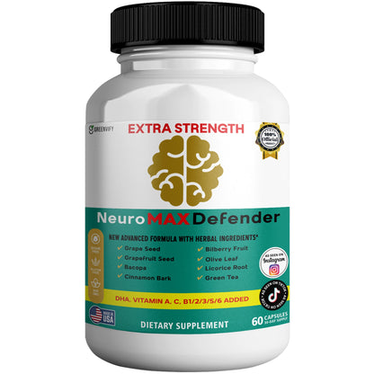GREENVIFY NeuroMAX Defender Extra Strength Brain Support Supplement with Herbal Blend, 60 Capsules, DHA, B12, Vitamins A C D E, Selenium, 30-Day Supply (1) - dailyvitalstore