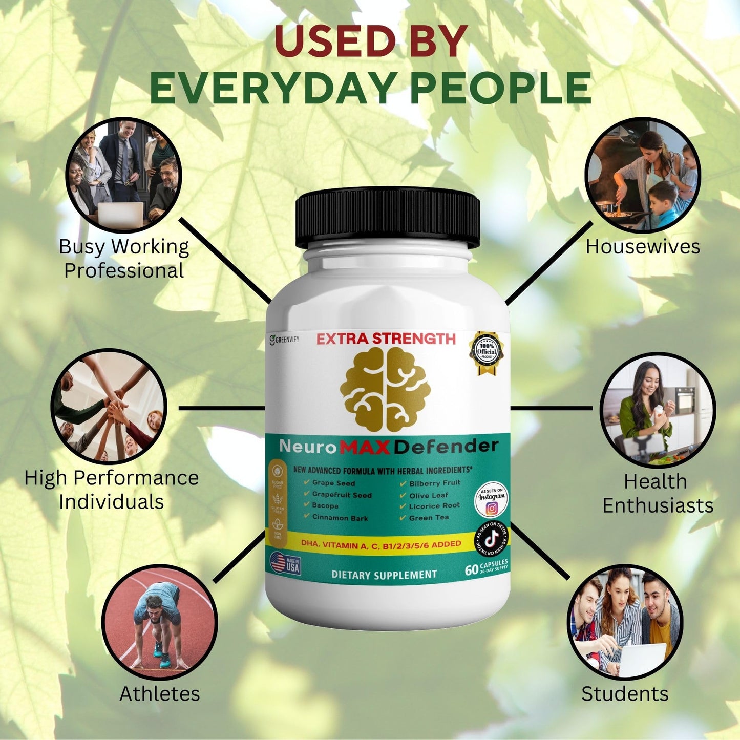GREENVIFY NeuroMAX Defender Extra Strength Brain Support Supplement with Herbal Blend, 60 Capsules, DHA, B12, Vitamins A C D E, Selenium, 30-Day Supply (1) - dailyvitalstore