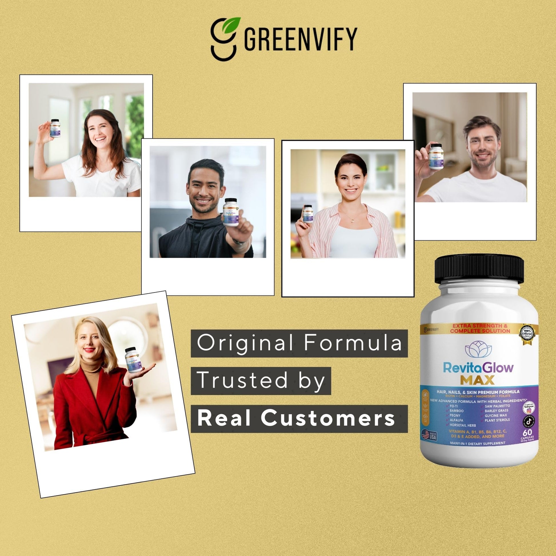 GREENVIFY RevitaGlow Max Hair, Nails & Skin Premium Formula, 60 Capsules, 30-Day Supply, with Biotin, Vitamins A, B1, B5, B6, B12, C, D3, E (1) - dailyvitalstore
