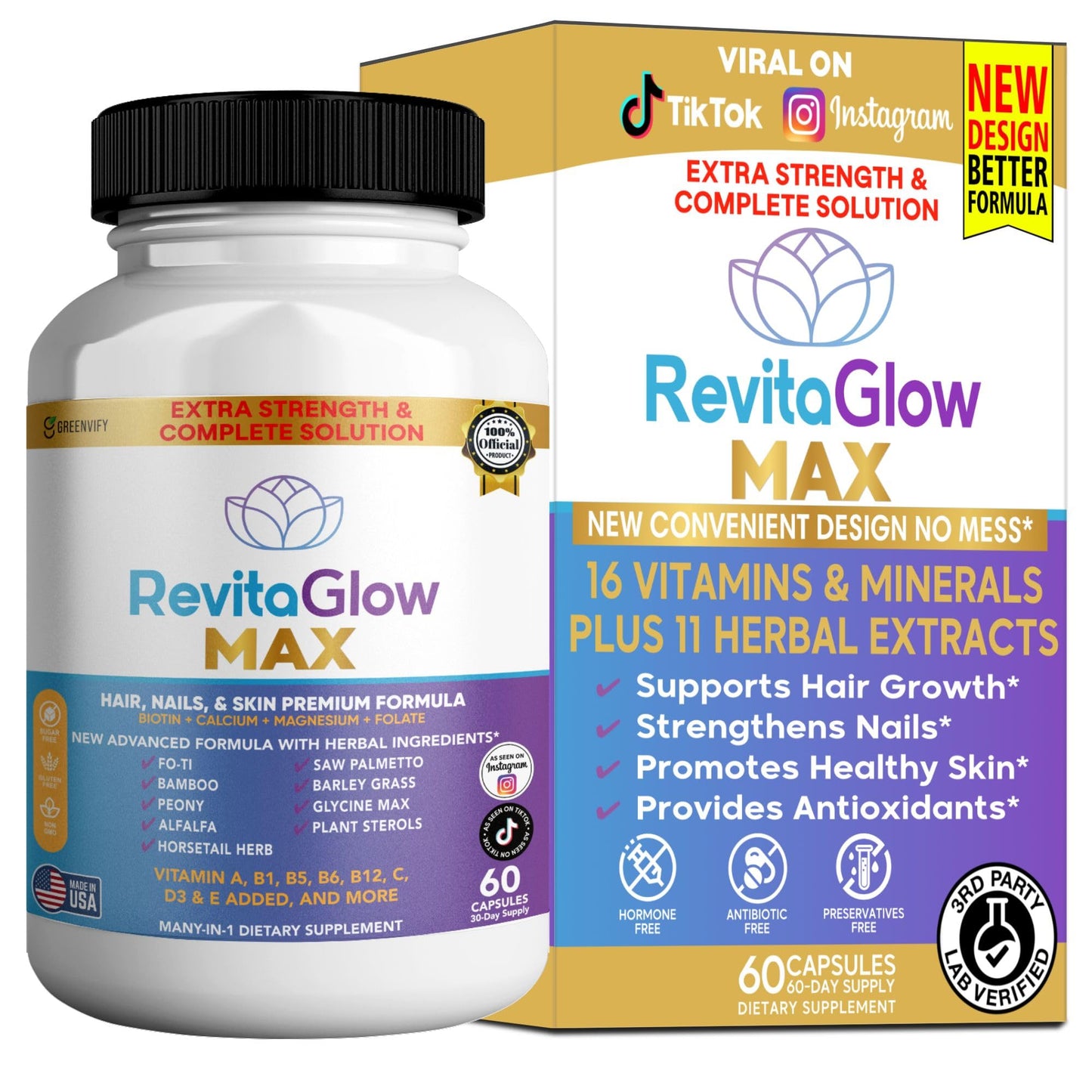 GREENVIFY RevitaGlow Max Hair, Nails & Skin Premium Formula, 60 Capsules, 30-Day Supply, with Biotin, Vitamins A, B1, B5, B6, B12, C, D3, E (1) - dailyvitalstore