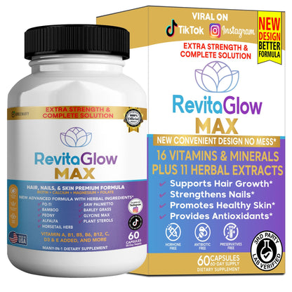 GREENVIFY RevitaGlow Max Hair, Nails & Skin Premium Formula, 60 Capsules, 30-Day Supply, with Biotin, Vitamins A, B1, B5, B6, B12, C, D3, E (1) - dailyvitalstore
