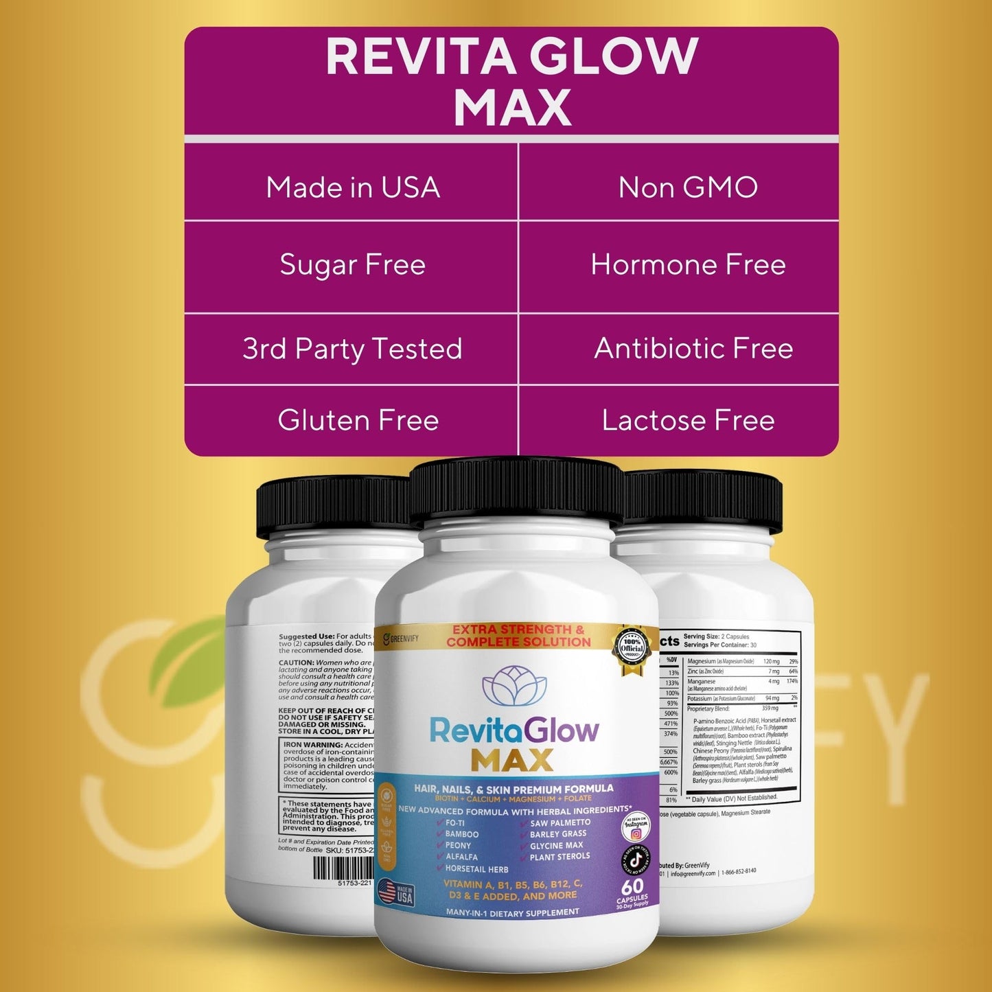 GREENVIFY RevitaGlow Max Hair, Nails & Skin Premium Formula, 60 Capsules, 30-Day Supply, with Biotin, Vitamins A, B1, B5, B6, B12, C, D3, E (1) - dailyvitalstore