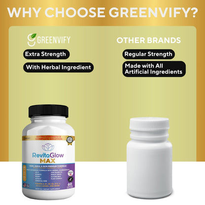 GREENVIFY RevitaGlow Max Hair, Nails & Skin Premium Formula, 60 Capsules, 30-Day Supply, with Biotin, Vitamins A, B1, B5, B6, B12, C, D3, E (1) - dailyvitalstore