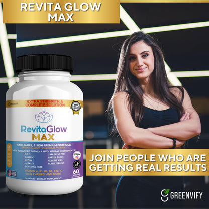 GREENVIFY RevitaGlow Max Hair, Nails & Skin Premium Formula, 60 Capsules, 30-Day Supply, with Biotin, Vitamins A, B1, B5, B6, B12, C, D3, E (1) - dailyvitalstore