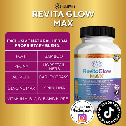 GREENVIFY RevitaGlow Max Hair, Nails & Skin Premium Formula, 60 Capsules, 30-Day Supply, with Biotin, Vitamins A, B1, B5, B6, B12, C, D3, E (1) - dailyvitalstore
