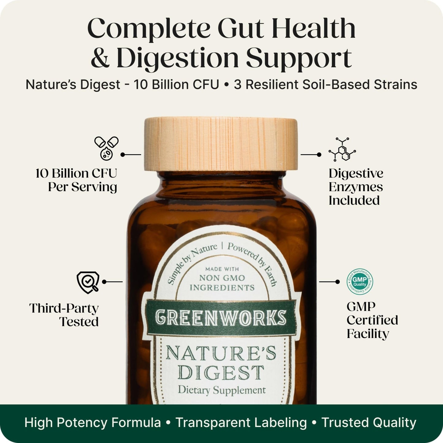 Greenworks Nature's Digest 10 Billion CFU Probiotic for Adults | Daily Gut Health Supplement with Saccharomyces Boulardii, Psyllium Husk, Bromelain, - dailyvitalstore