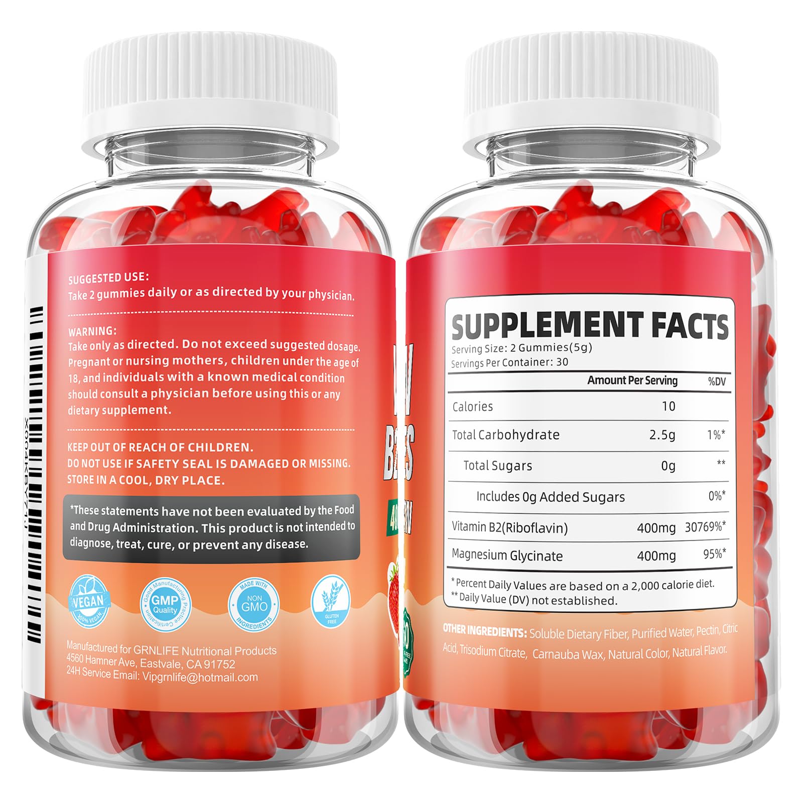 GrnLife 2 Pack Vitamin B2 Gummies, Riboflavin 400mg with Magnesium for Kids & Adults, Migraine Relief & Energy Support - dailyvitalstore
