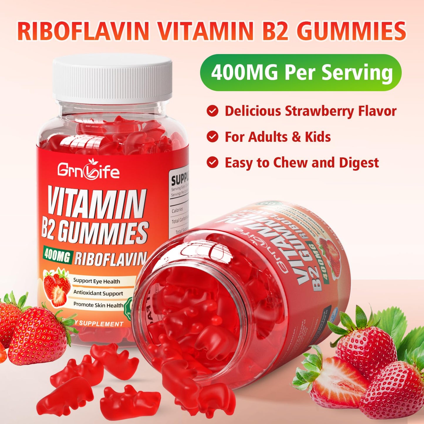 GrnLife 2 Pack Vitamin B2 Gummies, Riboflavin 400mg with Magnesium for Kids & Adults, Migraine Relief & Energy Support - dailyvitalstore