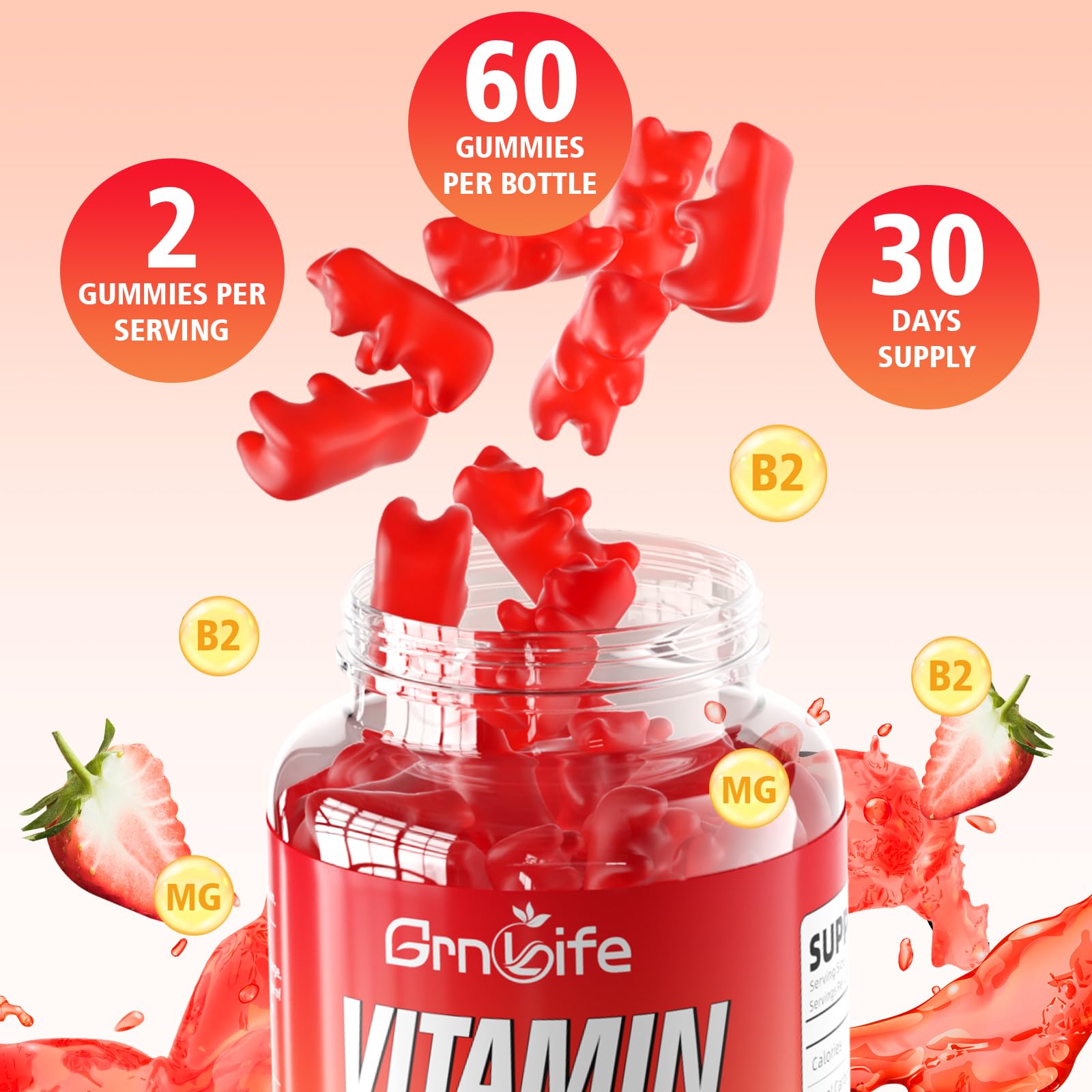 GrnLife 2 Pack Vitamin B2 Gummies, Riboflavin 400mg with Magnesium for Kids & Adults, Migraine Relief & Energy Support - dailyvitalstore