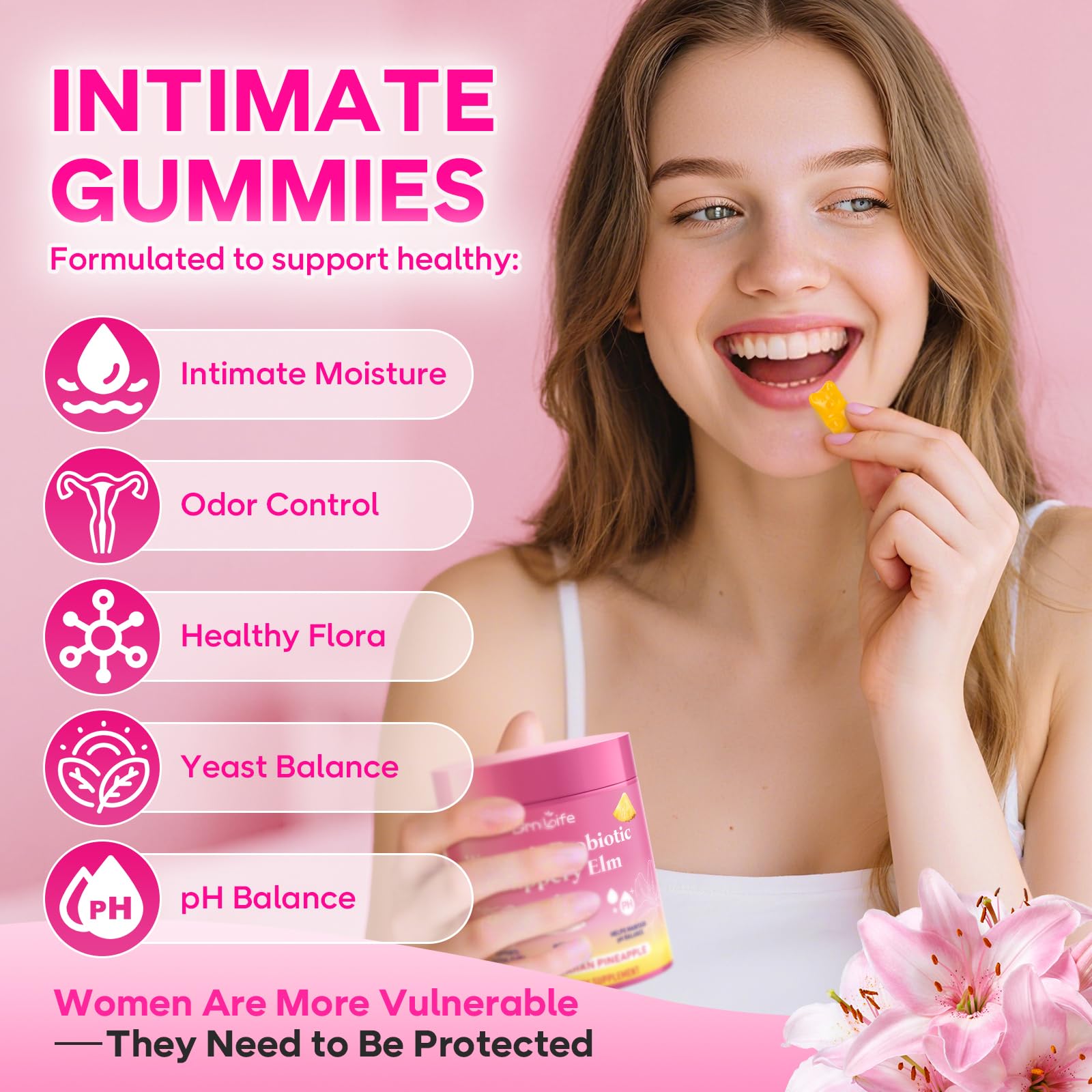GrnLife Women's Probiotic Slippery Elm Gummies, Her Juicy Feminine Probiotics Gummies for pH Balance & Immune Supports, Pineapple Flavor, 60 Count - dailyvitalstore
