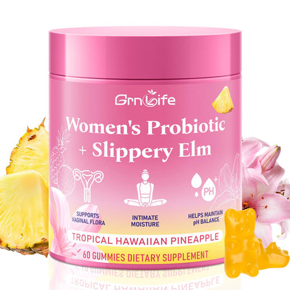 GrnLife Women's Probiotic Slippery Elm Gummies, Her Juicy Feminine Probiotics Gummies for pH Balance & Immune Supports, Pineapple Flavor, 60 Count - dailyvitalstore