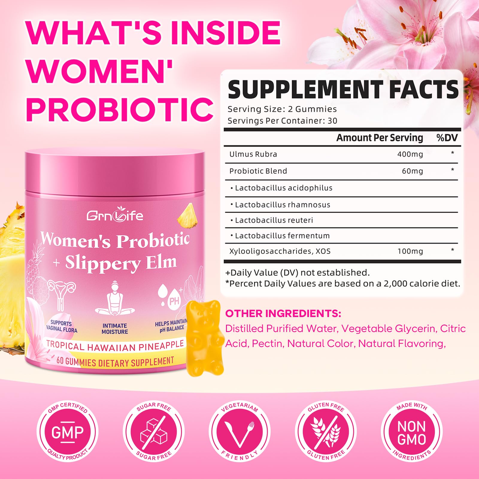 GrnLife Women's Probiotic Slippery Elm Gummies, Her Juicy Feminine Probiotics Gummies for pH Balance & Immune Supports, Pineapple Flavor, 60 Count - dailyvitalstore