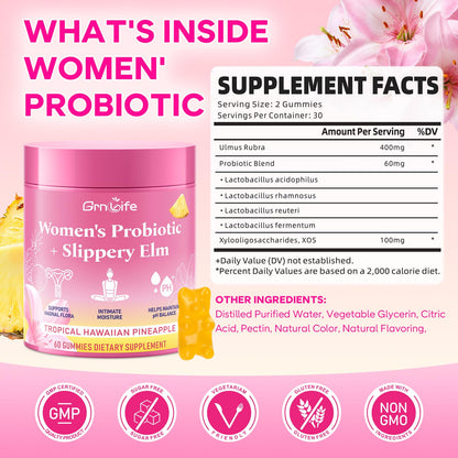 GrnLife Women's Probiotic Slippery Elm Gummies, Her Juicy Feminine Probiotics Gummies for pH Balance & Immune Supports, Pineapple Flavor, 60 Count - dailyvitalstore