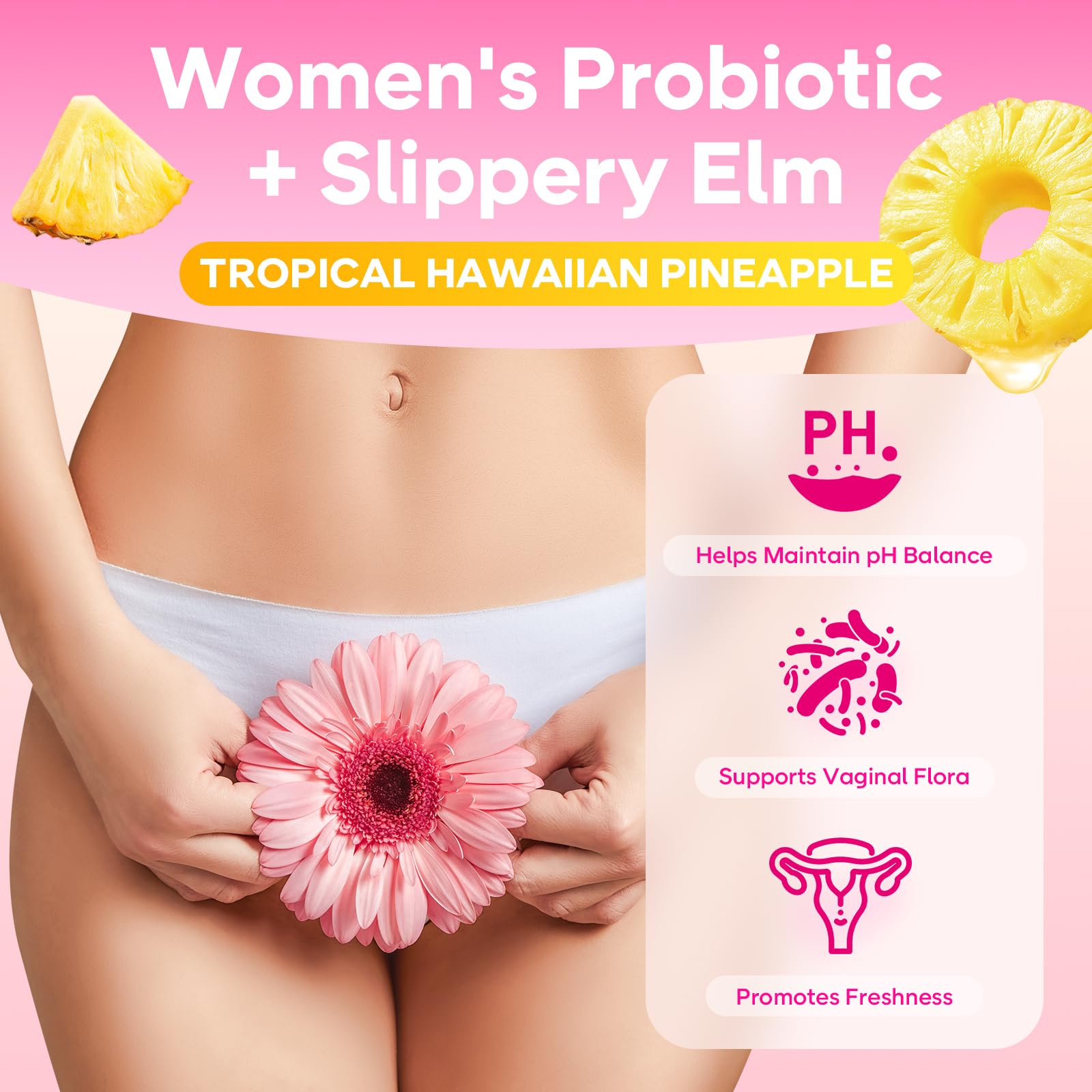 GrnLife Women's Probiotic Slippery Elm Gummies, Her Juicy Feminine Probiotics Gummies for pH Balance & Immune Supports, Pineapple Flavor, 60 Count - dailyvitalstore