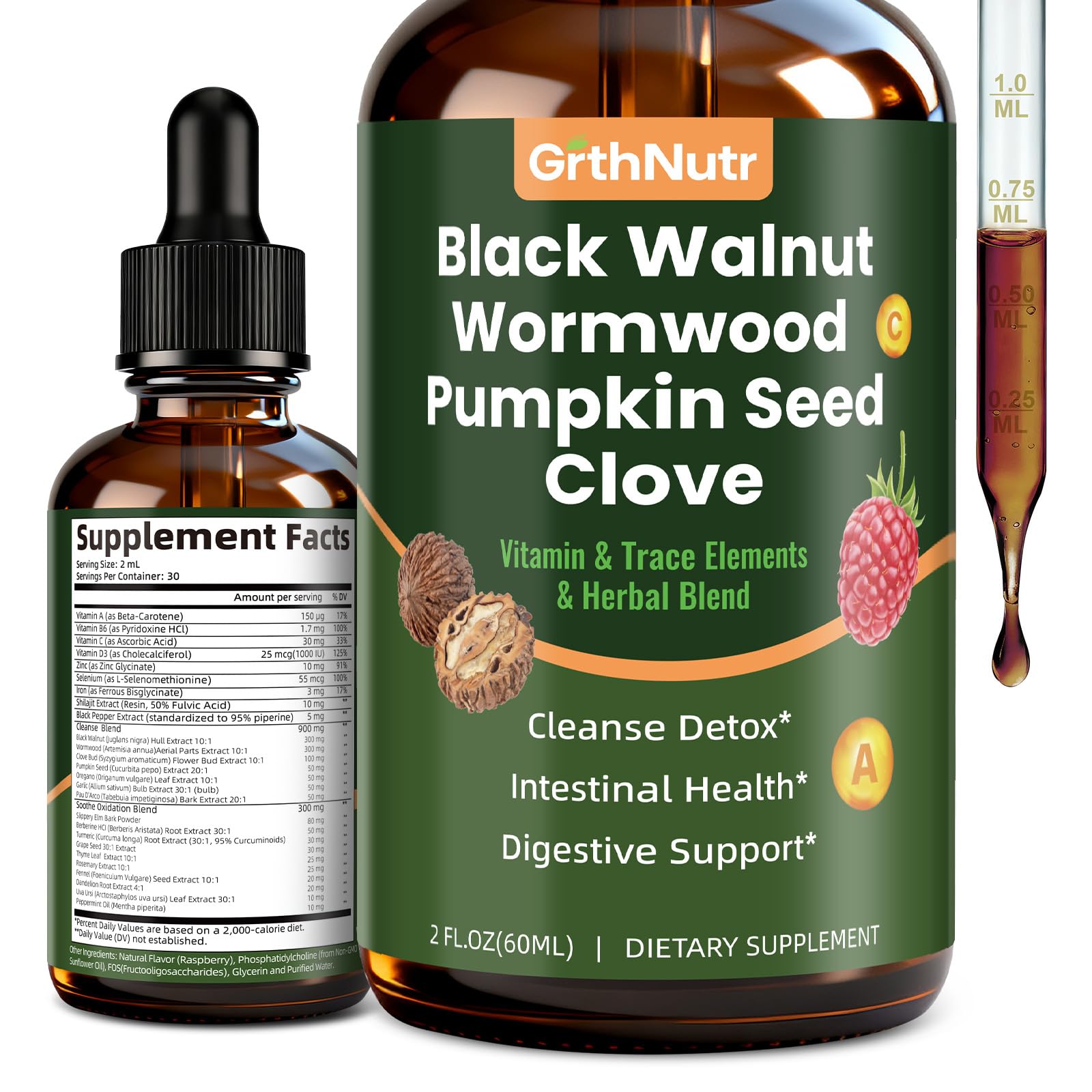 GrthNutr Black Walnut Wormwood Clove Tinture Cleanse for Humans - Gut Detox & Intestinal Health Digestive Support with Pumpkin, Oregano, Garlic Bulb - dailyvitalstore
