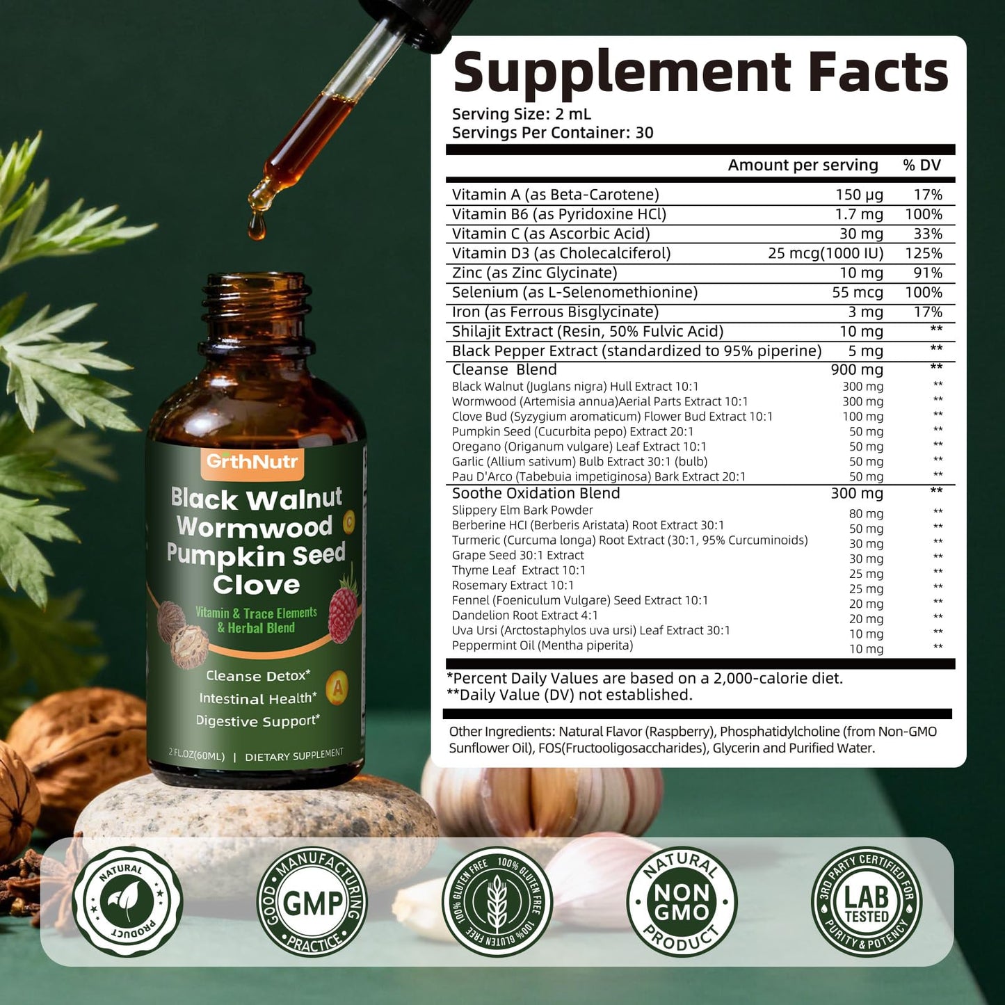 GrthNutr Black Walnut Wormwood Clove Tinture Cleanse for Humans - Gut Detox & Intestinal Health Digestive Support with Pumpkin, Oregano, Garlic Bulb - dailyvitalstore