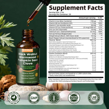 GrthNutr Black Walnut Wormwood Clove Tinture Cleanse for Humans - Gut Detox & Intestinal Health Digestive Support with Pumpkin, Oregano, Garlic Bulb - dailyvitalstore