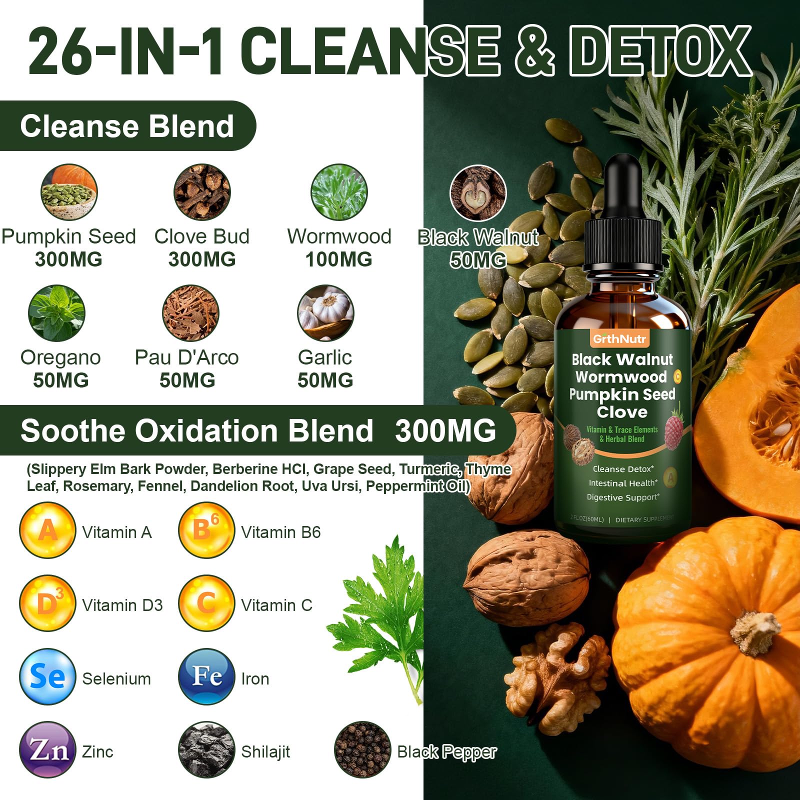 GrthNutr Black Walnut Wormwood Clove Tinture Cleanse for Humans - Gut Detox & Intestinal Health Digestive Support with Pumpkin, Oregano, Garlic Bulb - dailyvitalstore