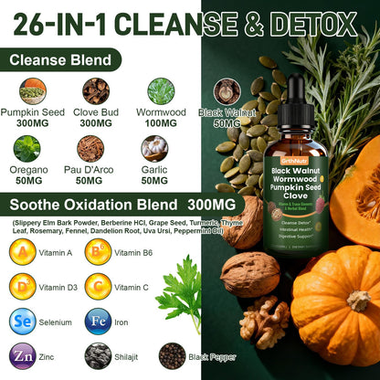GrthNutr Black Walnut Wormwood Clove Tinture Cleanse for Humans - Gut Detox & Intestinal Health Digestive Support with Pumpkin, Oregano, Garlic Bulb - dailyvitalstore