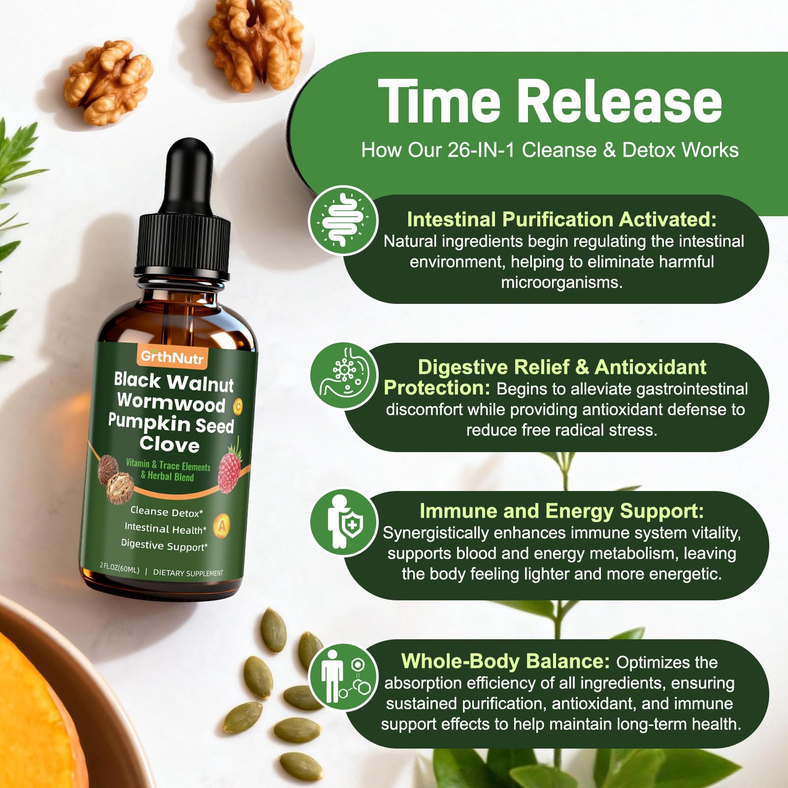 GrthNutr Black Walnut Wormwood Clove Tinture Cleanse for Humans - Gut Detox & Intestinal Health Digestive Support with Pumpkin, Oregano, Garlic Bulb - dailyvitalstore