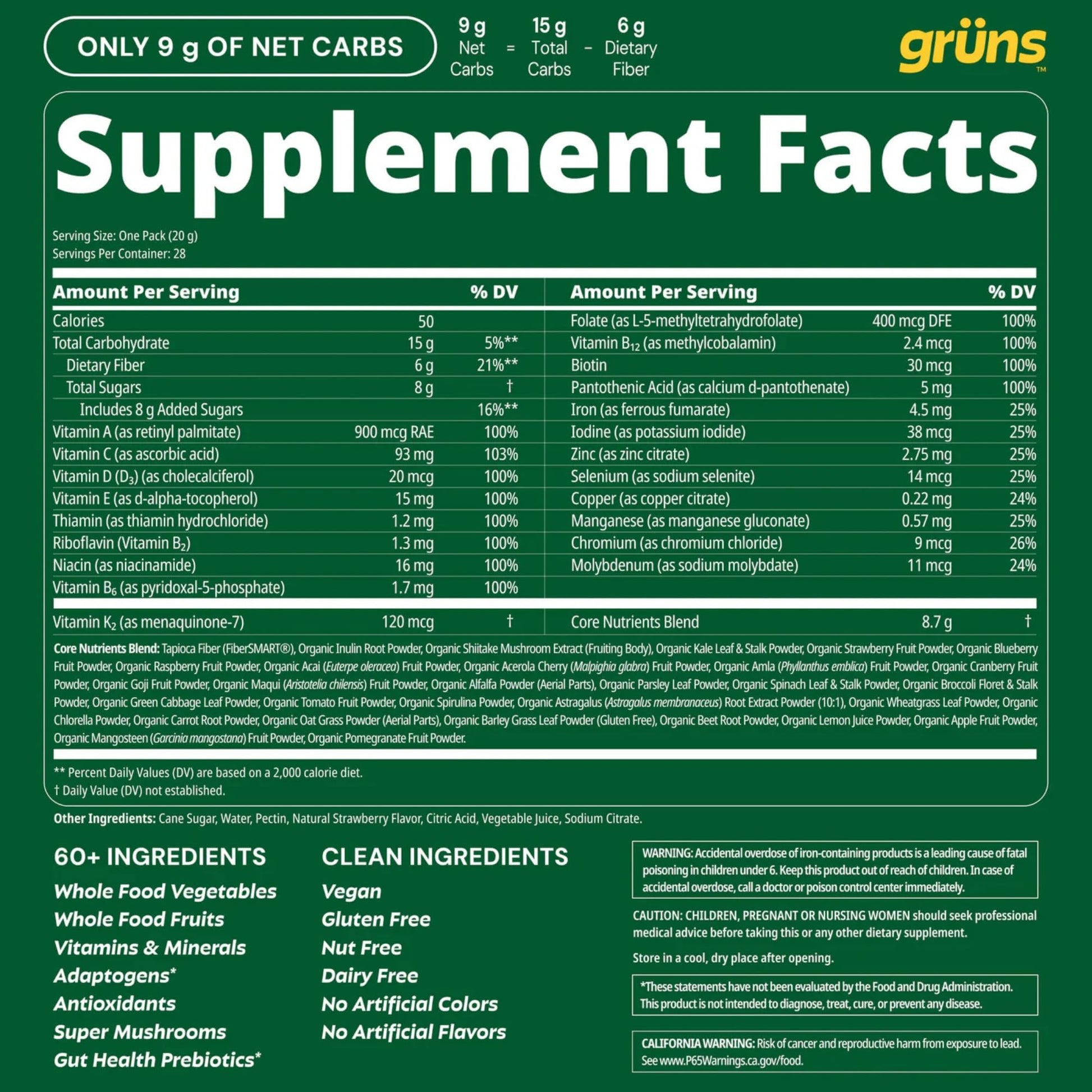 Gruns Adult Super Greens Multivitamin Gummies, Superfood Gummy Vitamins for Women and Men with Spirulina, Chlorella, Adaptogens & Prebiotic Fiber for Digestive Health (28 Count) - dailyvitalstore