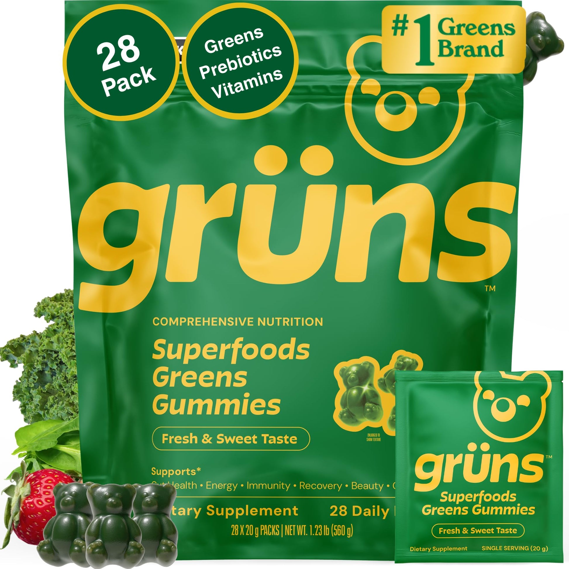 Gruns Adult Super Greens Multivitamin Gummies, Superfood Gummy Vitamins for Women and Men with Spirulina, Chlorella, Adaptogens & Prebiotic Fiber for Digestive Health (28 Count) - dailyvitalstore