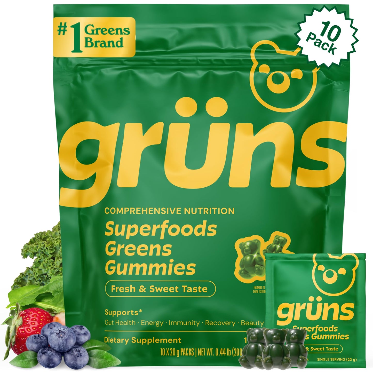Gruns Adults Super Greens Gummies, Multivitamin Superfood Gummy Bears, Spirulina, Chlorella, Prebiotics & Fiber Gummies for Digestive Health, Adaptogens Supplement, 20 Vitamins & Minerals, 10 Count - dailyvitalstore