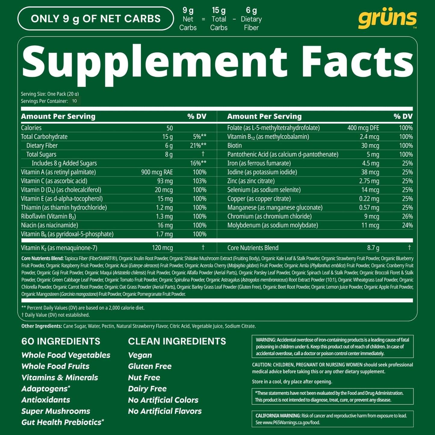 Gruns Adults Super Greens Gummies, Multivitamin Superfood Gummy Bears, Spirulina, Chlorella, Prebiotics & Fiber Gummies for Digestive Health, Adaptogens Supplement, 20 Vitamins & Minerals, 10 Count - dailyvitalstore