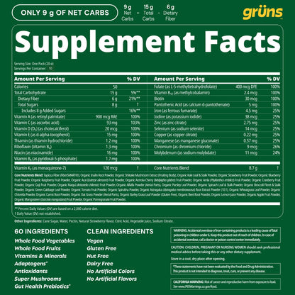 Gruns Adults Super Greens Gummies, Multivitamin Superfood Gummy Bears, Spirulina, Chlorella, Prebiotics & Fiber Gummies for Digestive Health, Adaptogens Supplement, 20 Vitamins & Minerals, 10 Count - dailyvitalstore