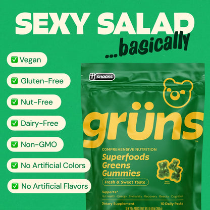 Gruns Adults Super Greens Gummies, Multivitamin Superfood Gummy Bears, Spirulina, Chlorella, Prebiotics & Fiber Gummies for Digestive Health, Adaptogens Supplement, 20 Vitamins & Minerals, 10 Count - dailyvitalstore