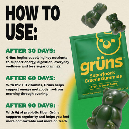 Gruns Adults Super Greens Gummies, Multivitamin Superfood Gummy Bears, Spirulina, Chlorella, Prebiotics & Fiber Gummies for Digestive Health, Adaptogens Supplement, 20 Vitamins & Minerals, 10 Count - dailyvitalstore