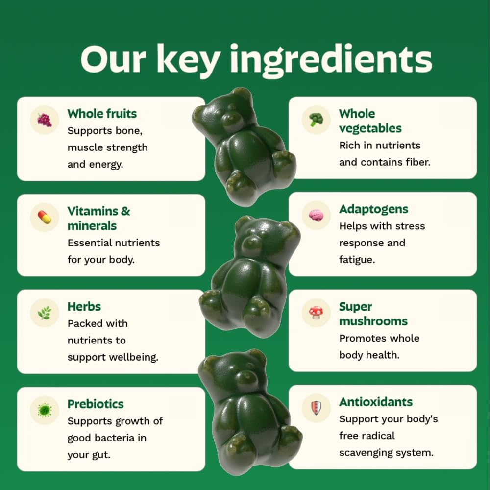 Gruns Adults Super Greens Gummies, Multivitamin Superfood Gummy Bears, Spirulina, Chlorella, Prebiotics & Fiber Gummies for Digestive Health, Adaptogens Supplement, 20 Vitamins & Minerals, 10 Count - dailyvitalstore