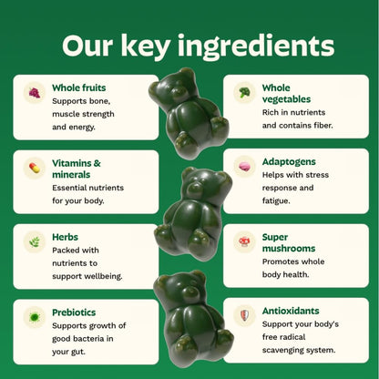 Gruns Adults Super Greens Gummies, Multivitamin Superfood Gummy Bears, Spirulina, Chlorella, Prebiotics & Fiber Gummies for Digestive Health, Adaptogens Supplement, 20 Vitamins & Minerals, 10 Count - dailyvitalstore