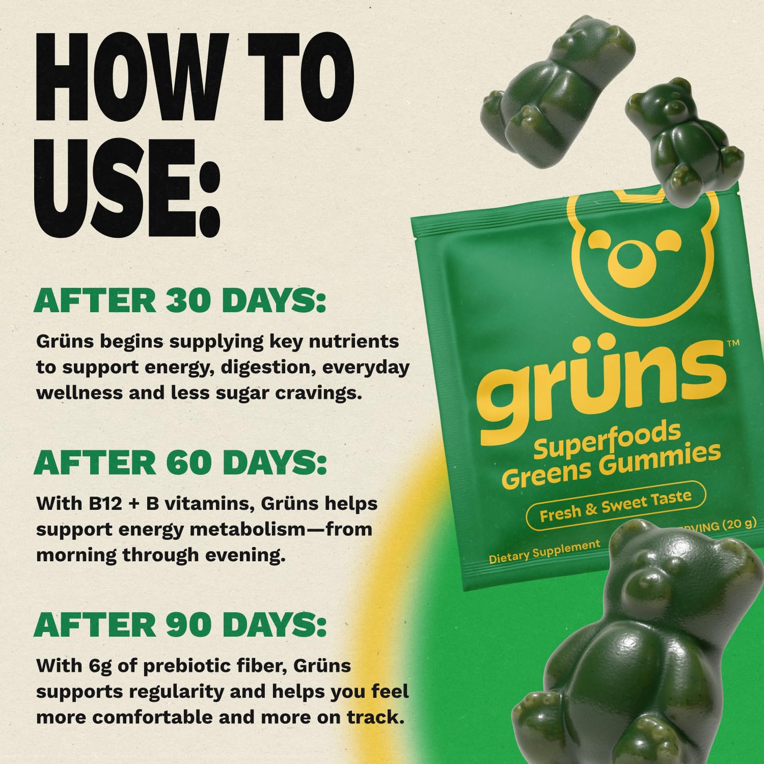 Gruns Sugar-Free Super Greens Gummies, Multivitamin Superfood Gummy Bears, Spirulina, Chlorella, Prebiotics & Fiber gummies for Digestive Health, Adaptogens Supplement, 20 Vitamins & Minerals, 10 pack - dailyvitalstore