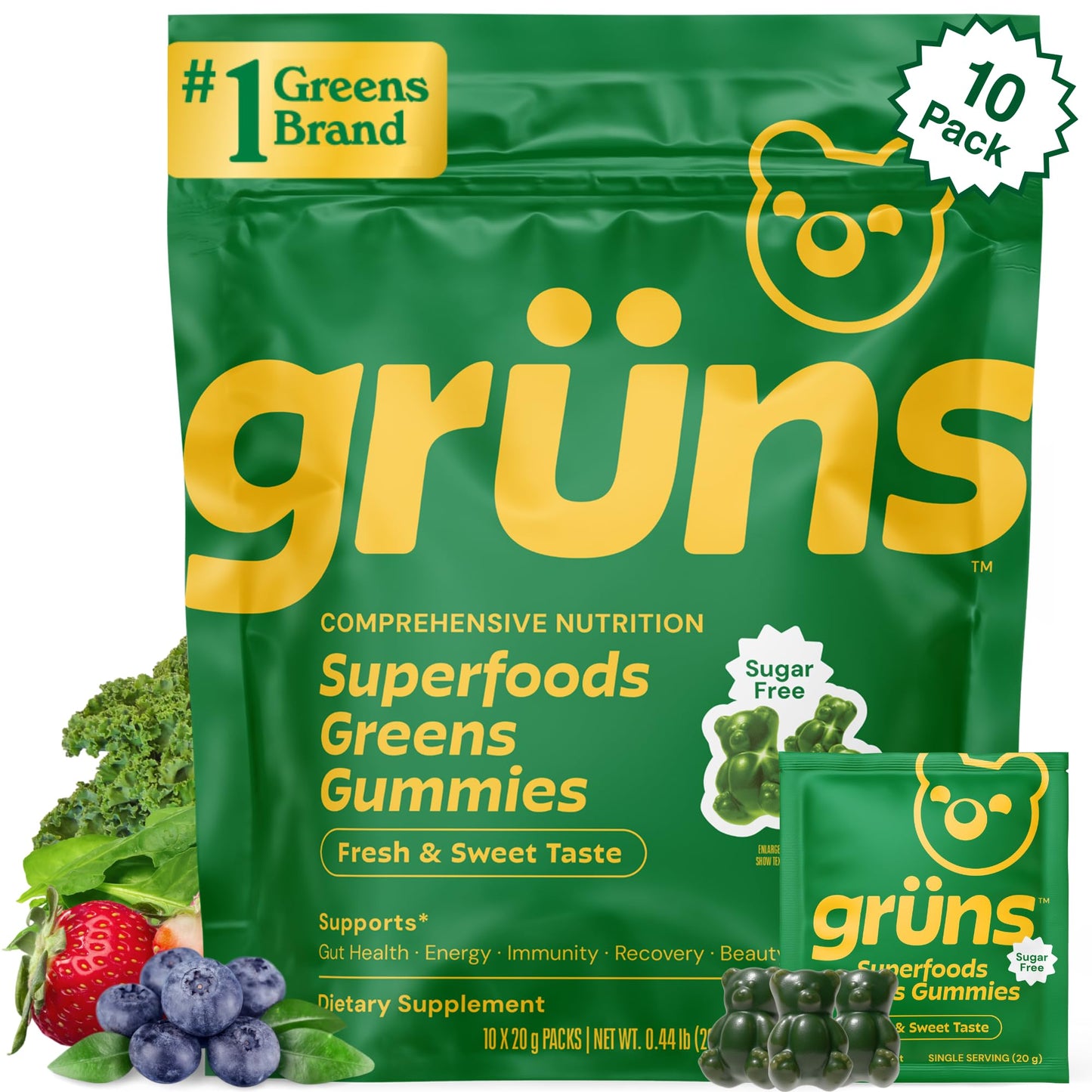 Gruns Sugar-Free Super Greens Gummies, Multivitamin Superfood Gummy Bears, Spirulina, Chlorella, Prebiotics & Fiber gummies for Digestive Health, Adaptogens Supplement, 20 Vitamins & Minerals, 10 pack - dailyvitalstore