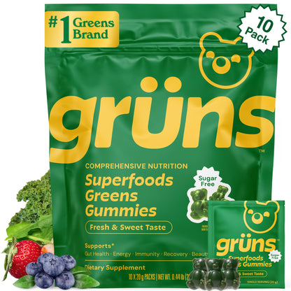 Gruns Sugar-Free Super Greens Gummies, Multivitamin Superfood Gummy Bears, Spirulina, Chlorella, Prebiotics & Fiber gummies for Digestive Health, Adaptogens Supplement, 20 Vitamins & Minerals, 10 pack - dailyvitalstore