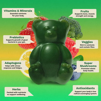 Gruns Sugar-Free Super Greens Gummies, Multivitamin Superfood Gummy Bears, Spirulina, Chlorella, Prebiotics & Fiber gummies for Digestive Health, Adaptogens Supplement, 20 Vitamins & Minerals, 10 pack - dailyvitalstore