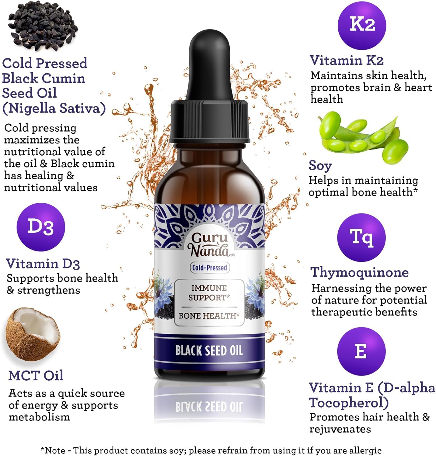 GuruNanda Black Seed Oil, Cold-Pressed Nigella Sativa - Rich in Vitamin D3 5000 Units, K2 & E, High Thymoquinone | Potent Antioxidant - dailyvitalstore