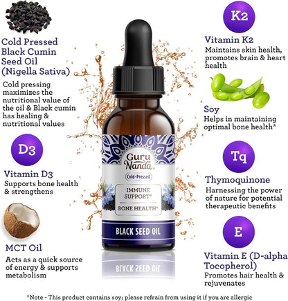 GuruNanda Black Seed Oil, Cold-Pressed Nigella Sativa - Rich in Vitamin D3 5000 Units, K2 & E, High Thymoquinone | Potent Antioxidant - dailyvitalstore