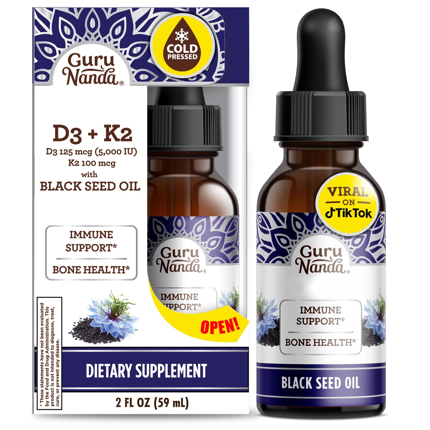 GuruNanda Black Seed Oil, Cold-Pressed Nigella Sativa - Rich in Vitamin D3 5000 Units, K2 & E, High Thymoquinone | Potent Antioxidant - dailyvitalstore