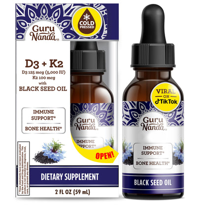 GuruNanda Black Seed Oil, Cold-Pressed Nigella Sativa - Rich in Vitamin D3 5000 Units, K2 & E, High Thymoquinone | Potent Antioxidant - dailyvitalstore
