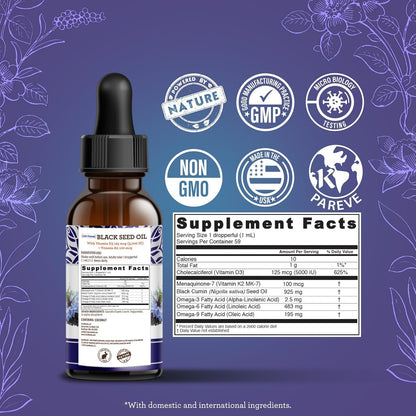 GuruNanda Black Seed Oil, Cold-Pressed Nigella Sativa - Rich in Vitamin D3 5000 Units, K2 & E, High Thymoquinone | Potent Antioxidant - dailyvitalstore